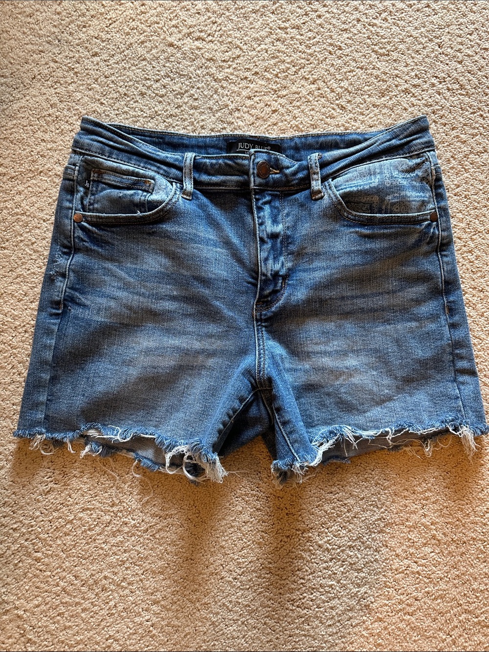 Judy Blue Raw Hem Mid-Rise Denim Shorts - Blue Wash Good Stretch